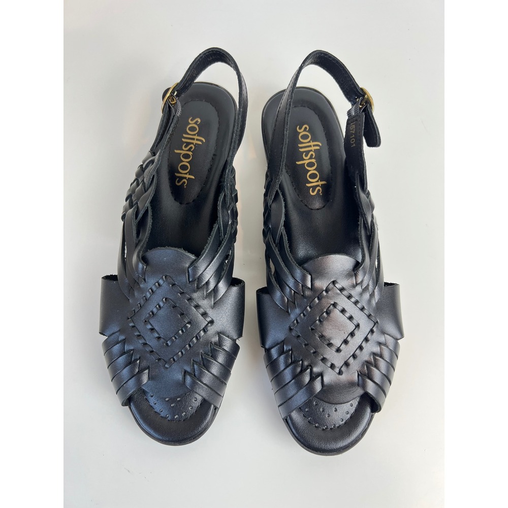 Softspots Black Leather Woven Slingback Sandals Womens 8M Comfort Boho Shoes